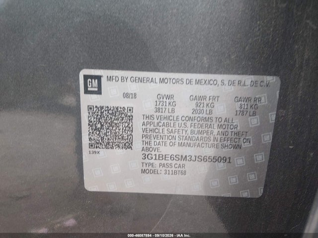 2018 Chevrolet Cruze Lt Auto მანქანა იყიდება აუქციონზე, vin: 3G1BE6SM3JS655091, აუქციონის ნომერი: 46087894