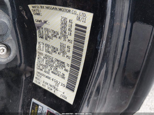 2011 Nissan Frontier Sv მანქანა იყიდება აუქციონზე, vin: 1N6AD0CW8BC450230, აუქციონის ნომერი: 46087901