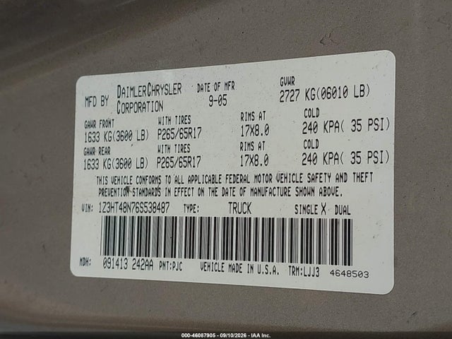 2006 Mitsubishi Raider Xls მანქანა იყიდება აუქციონზე, vin: 1Z3HT48N76S538487, აუქციონის ნომერი: 46087905