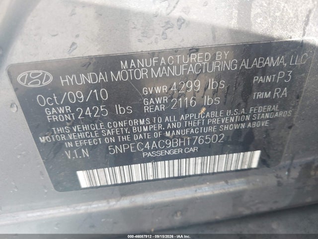 46087912 :رقم المزاد ، 5NPEC4AC9BH176502 vin ، 2011 Hyundai Sonata Se مزاد بيع