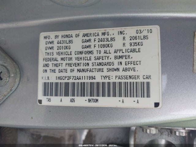 Aukcja sprzedaży 2010 Honda Accord 2.4 Ex, vin: 1HGCP2F72AA111994, numer aukcji: 46087914