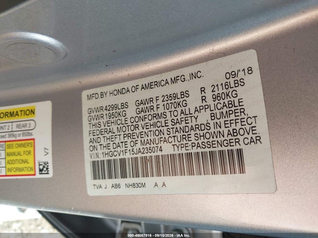 Aukcja sprzedaży 2018 Honda Accord Lx, vin: 1HGCV1F15JA235074, numer aukcji: 46087916