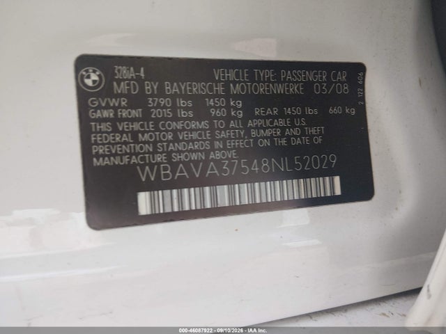 Aukcja sprzedaży 2008 Bmw 328i, vin: WBAVA37548NL52029, numer aukcji: 46087922