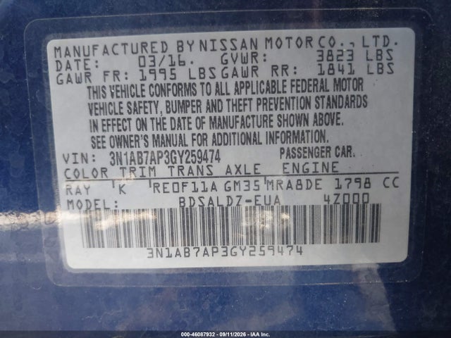 Nissan SENTRA SV 2016 3N1AB7AP3GY259474 Image 9