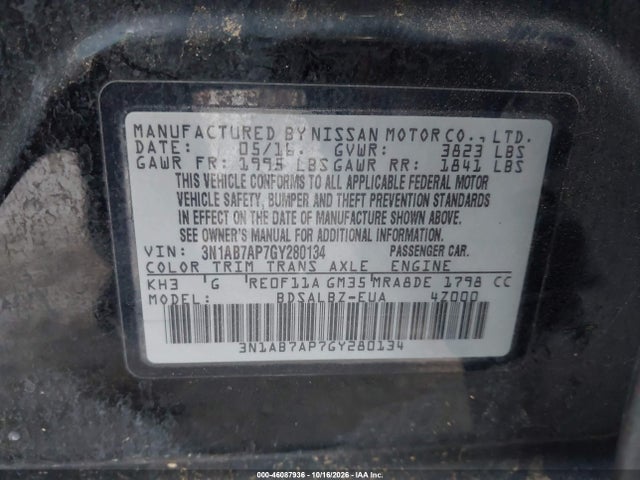 46087936 :رقم المزاد ، 3N1AB7AP7GY280134 vin ، 2016 Nissan Sentra S مزاد بيع