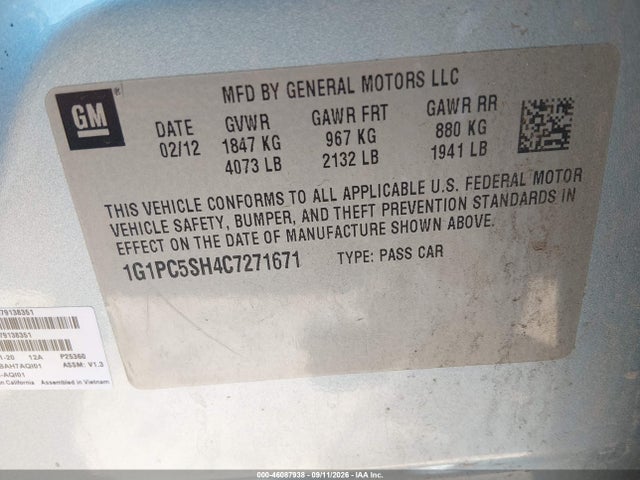 2012 Chevrolet Cruze Ls მანქანა იყიდება აუქციონზე, vin: 1G1PC5SH4C7271671, აუქციონის ნომერი: 46087938