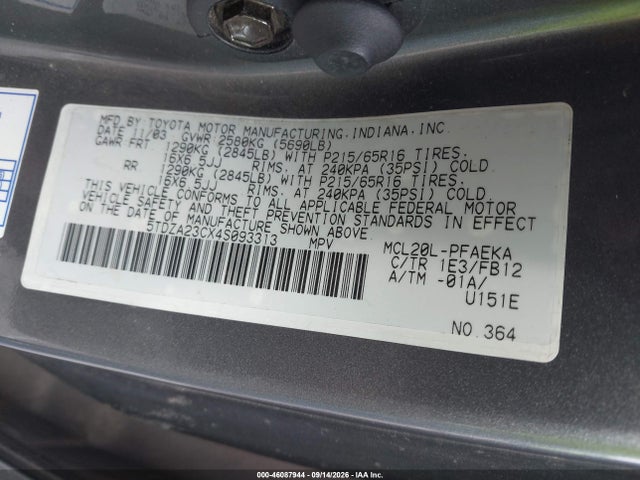 Aukcja sprzedaży 2004 Toyota Sienna Le, vin: 5TDZA23CX4S093313, numer aukcji: 46087944