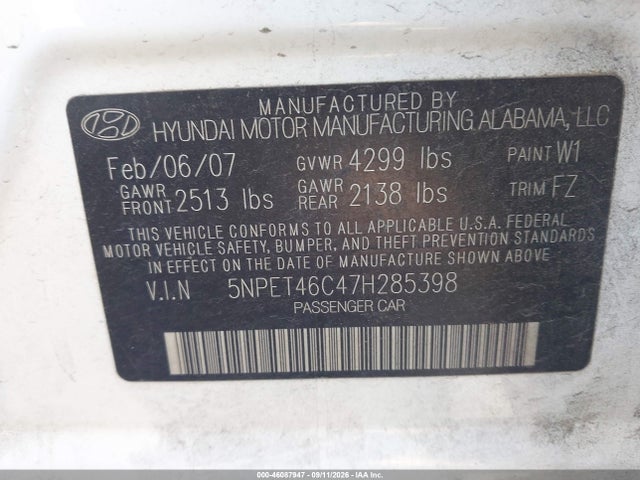 46087947 :رقم المزاد ، 5NPET46C47H285398 vin ، 2007 Hyundai Sonata Gls مزاد بيع