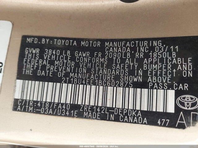 Продаж на аукціоні авто 2011 Toyota Corolla, vin: 2T1BU4EE1BC602875, номер лоту: 46087948