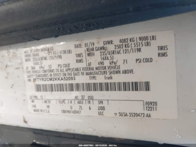 Aukcja sprzedaży 2019 Ford Transit-250, vin: 1FTYR2CM2KKA52093, numer aukcji: 46087963