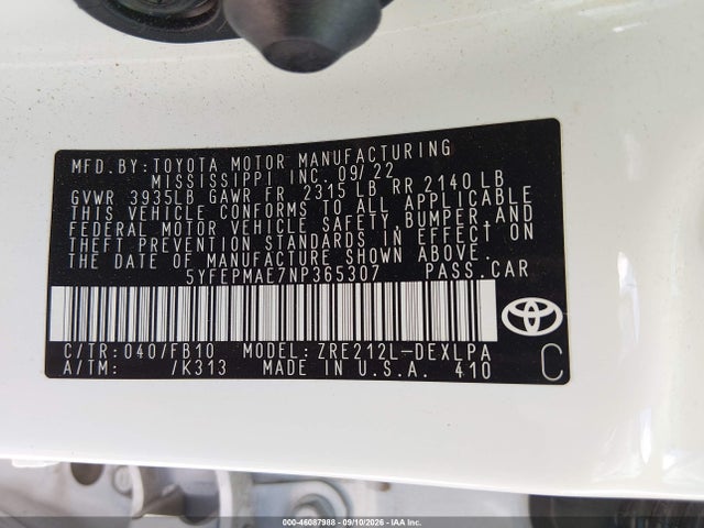 Aukcja sprzedaży 2022 Toyota Corolla Le, vin: 5YFEPMAE7NP365307, numer aukcji: 46087988