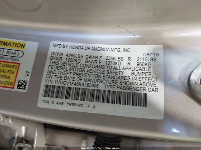 Aukcja sprzedaży 2019 Honda Accord Ex, vin: 1HGCV1F48KA163606, numer aukcji: 46087997