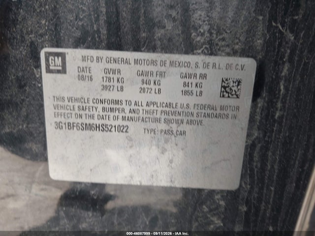 46087999 :رقم المزاد ، 3G1BF6SM6HS521022 vin ، 2017 Chevrolet Cruze Premier Auto مزاد بيع