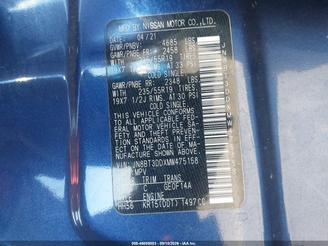 46088003 :رقم المزاد ، JN8BT3DDXMW475158 vin ، 2021 Nissan Rogue مزاد بيع