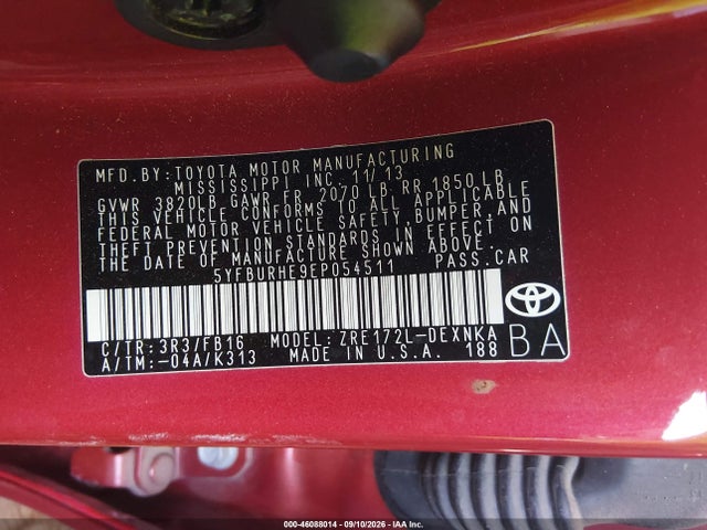 Продажа на аукционе авто 2014 Toyota Corolla Le Plus, vin: 5YFBURHE9EP054511, номер лота: 46088014