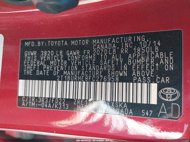 2015 Toyota Corolla S Plus მანქანა იყიდება აუქციონზე, vin: 2T1BURHE8FC276958, აუქციონის ნომერი: 46088022