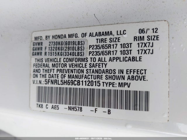 Aukcja sprzedaży 2012 Honda Odyssey Ex-l, vin: 5FNRL5H69CB112015, numer aukcji: 46088031