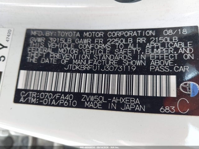 2018 Toyota Prius Two მანქანა იყიდება აუქციონზე, vin: JTDKBRFU1J3073119, აუქციონის ნომერი: 46088034
