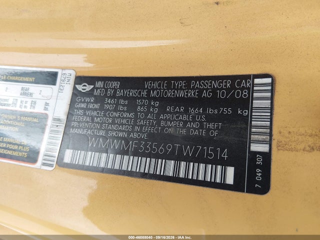 Aukcja sprzedaży 2009 Mini Cooper, vin: WMWMF33569TW71514, numer aukcji: 46088040