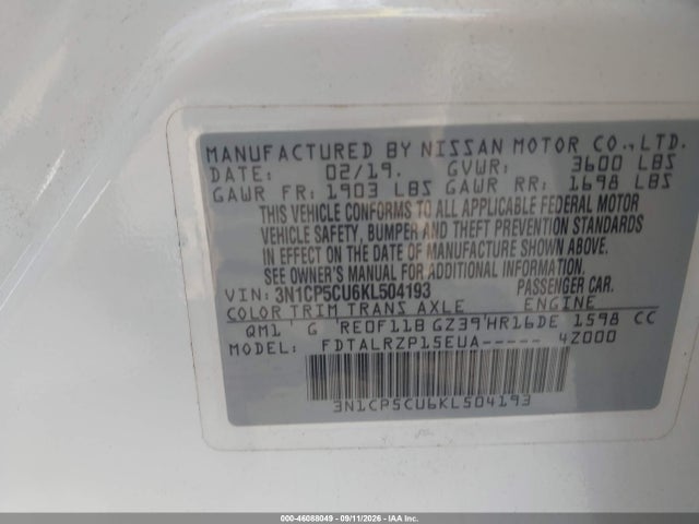 Продаж на аукціоні авто 2019 Nissan Kicks S, vin: 3N1CP5CU6KL504193, номер лоту: 46088049