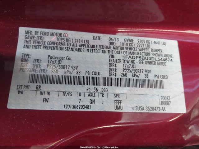46088051 :رقم المزاد ، 1FADP5BU3DL544674 vin ، 2013 Ford C-max Hybrid Sel مزاد بيع