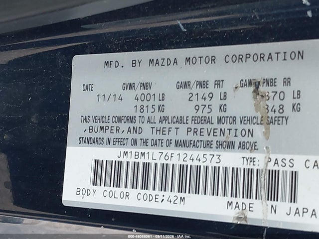 46088061 :رقم المزاد ، JM1BM1L76F1244573 vin ، 2015 Mazda Mazda3 I Touring مزاد بيع