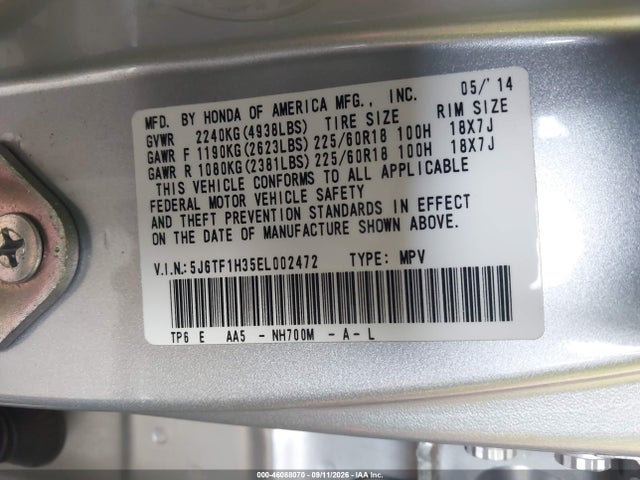 Honda Crosstour Ex V6 2014 5J6TF1H35EL002472 Image 9