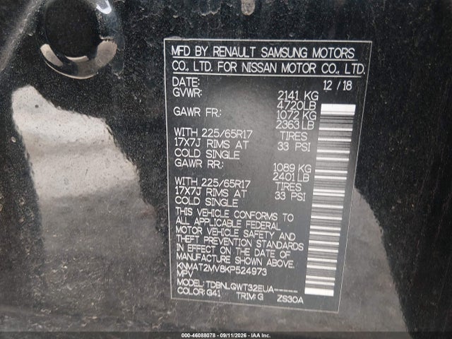 2019 Nissan Rogue Sv მანქანა იყიდება აუქციონზე, vin: KNMAT2MV8KP524973, აუქციონის ნომერი: 46088078