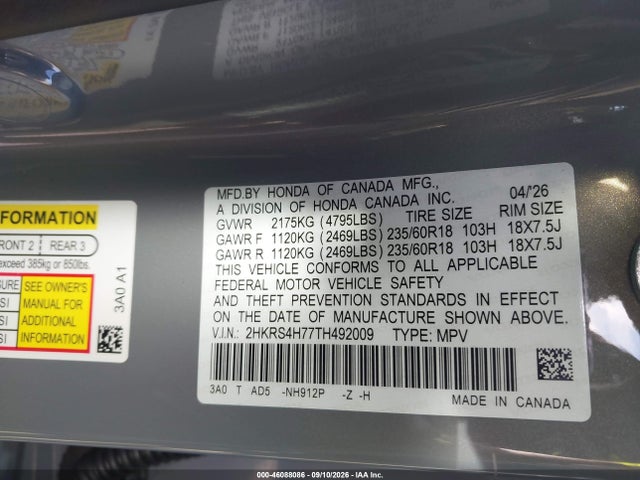 2026 Honda Cr-v Ex-l Awd მანქანა იყიდება აუქციონზე, vin: 2HKRS4H77TH492009, აუქციონის ნომერი: 46088086