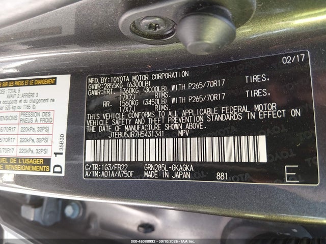 46088092 :رقم المزاد ، JTEBU5JR7H5431341 vin ، 2017 Toyota 4runner Sr5 مزاد بيع