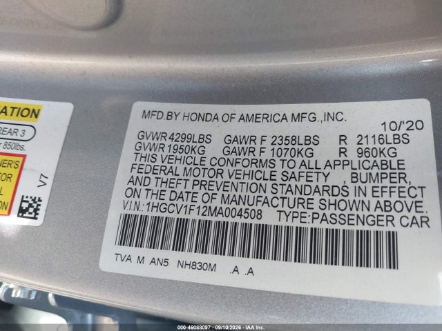 Продаж на аукціоні авто 2021 Honda Accord Lx, vin: 1HGCV1F12MA004508, номер лоту: 46088097