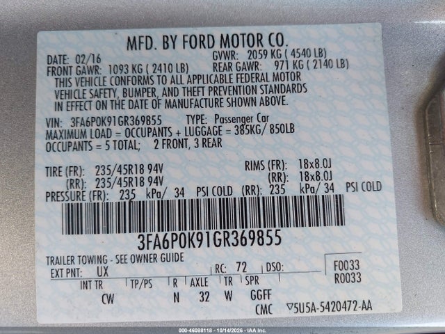 3FA6P0K91GR369855 Ford Fusion Titanium