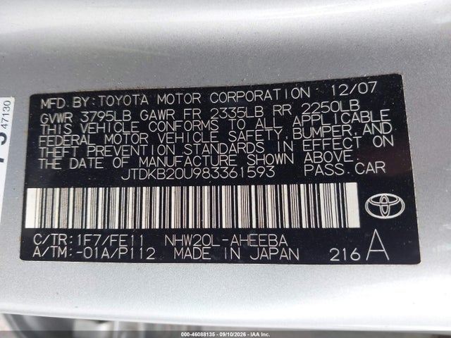 Aukcja sprzedaży 2008 Toyota Prius, vin: JTDKB20U983361593, numer aukcji: 46088135