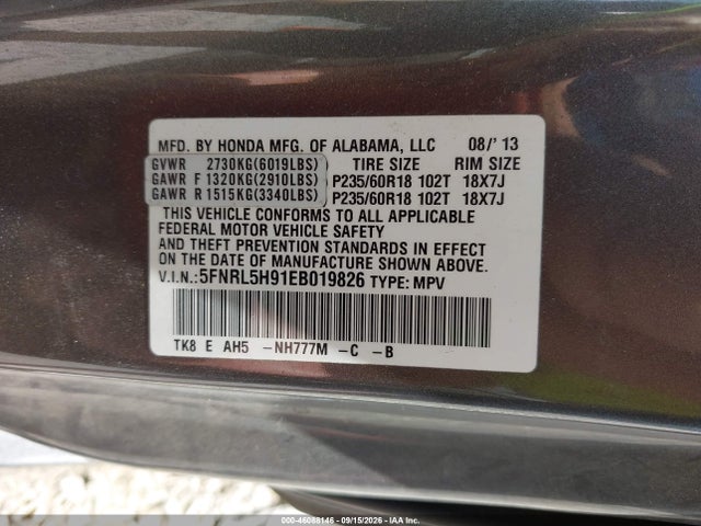 Aukcja sprzedaży 2014 Honda Odyssey Touring/touring Elite, vin: 5FNRL5H91EB019826, numer aukcji: 46088146