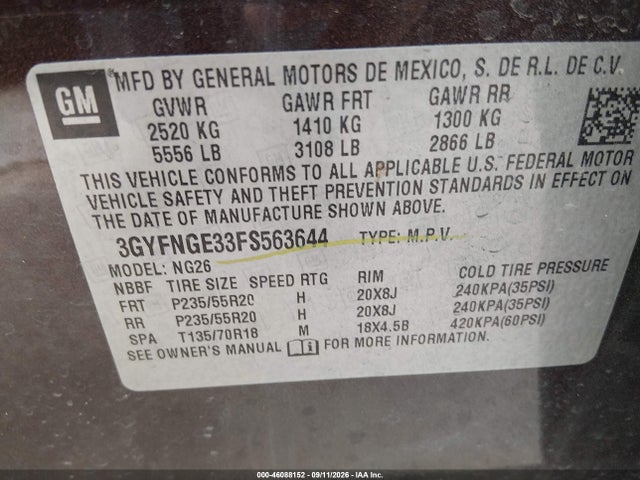 46088152 :رقم المزاد ، 3GYFNGE33FS563644 vin ، 2015 Cadillac Srx Premium Collection مزاد بيع