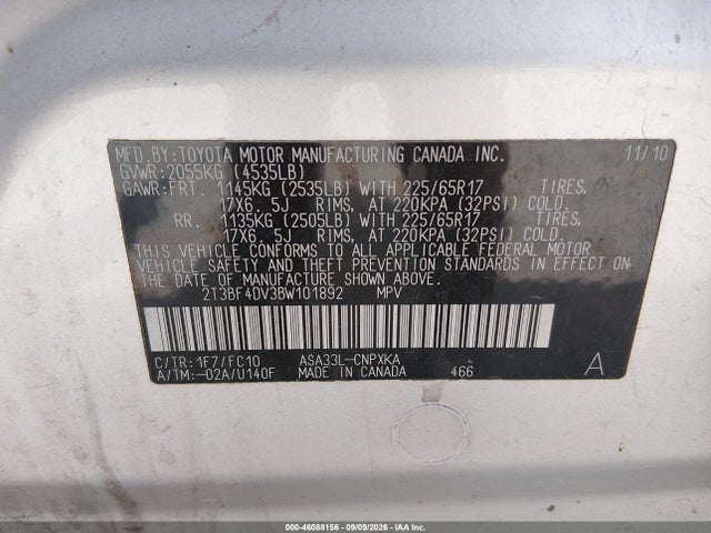 Продажа на аукционе авто 2011 Toyota Rav4, vin: 2T3BF4DV3BW101892, номер лота: 46088156