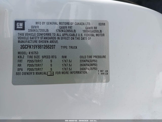Продаж на аукціоні авто 2008 Chevrolet Silverado 1500 Ltz, vin: 2GCFK19Y881266207, номер лоту: 46088165