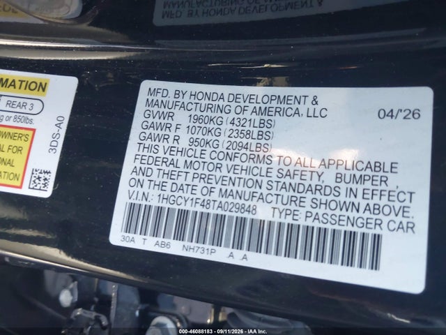 Aukcja sprzedaży 2026 Honda Accord Se, vin: 1HGCY1F48TA029848, numer aukcji: 46088183