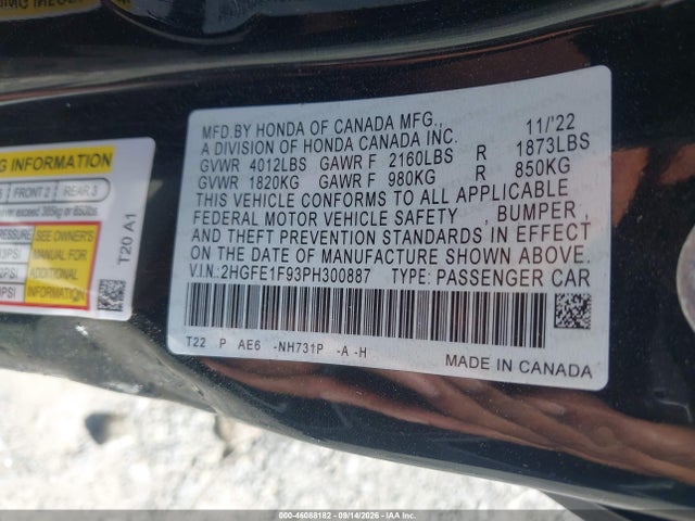 2023 Honda Civic Touring მანქანა იყიდება აუქციონზე, vin: 2HGFE1F93PH300887, აუქციონის ნომერი: 46088182