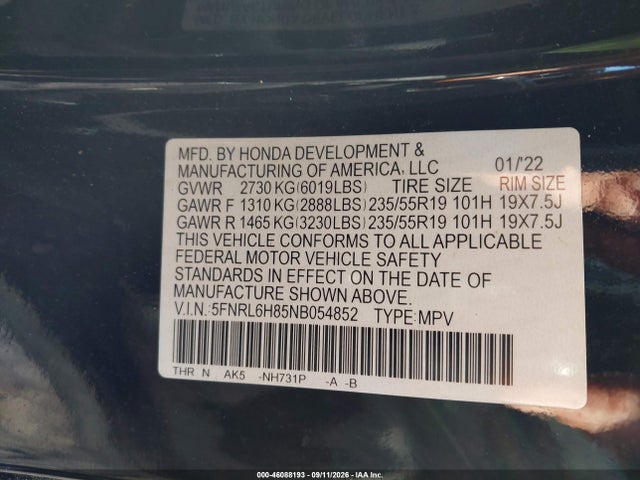Продажа на аукционе авто 2022 Honda Odyssey Touring, vin: 5FNRL6H85NB054852, номер лота: 46088193