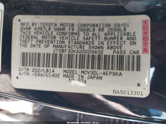 2002 Toyota Camry Se V6 მანქანა იყიდება აუქციონზე, vin: JTDBF30KX20009432, აუქციონის ნომერი: 46088200