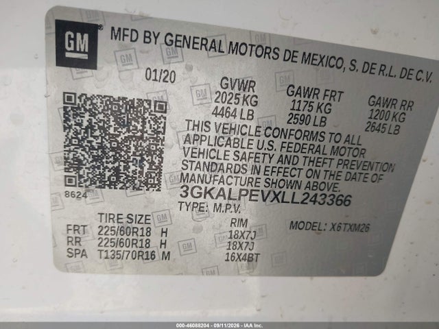 46088204 :رقم المزاد ، 3GKALPEVXLL243366 vin ، 2020 Gmc Terrain Fwd Slt مزاد بيع