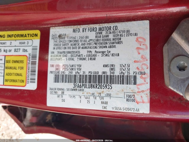 2019 Ford Fusion Hybrid Se მანქანა იყიდება აუქციონზე, vin: 3FA6P0LU8KR205935, აუქციონის ნომერი: 46088207