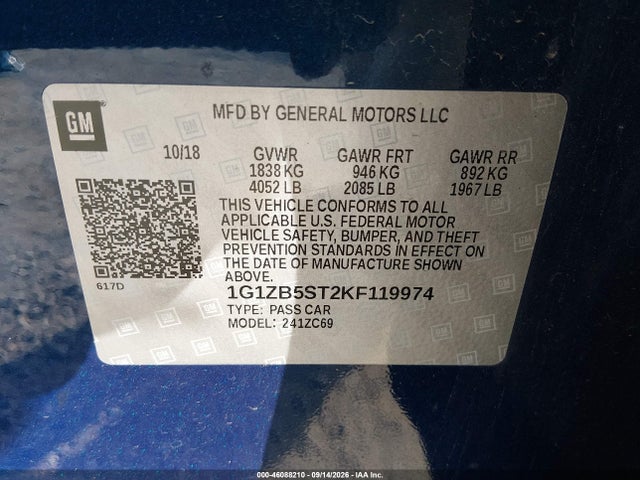 46088210 :رقم المزاد ، 1G1ZB5ST2KF119974 vin ، 2019 Chevrolet Malibu 1ls مزاد بيع