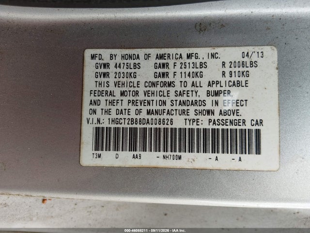 46088211 :رقم المزاد ، 1HGCT2B88DA008626 vin ، 2013 Honda Accord Ex-l V-6 مزاد بيع