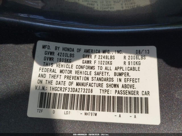 2013 Honda Accord Lx მანქანა იყიდება აუქციონზე, vin: 1HGCR2F33DA273208, აუქციონის ნომერი: 46088229
