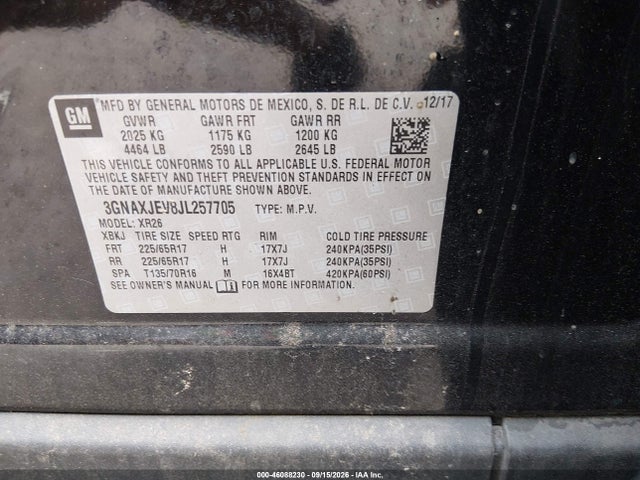Aukcja sprzedaży 2018 Chevrolet Equinox Lt, vin: 3GNAXJEV8JL257705, numer aukcji: 46088230