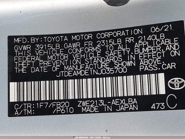 Продаж на аукціоні авто 2022 Toyota Corolla Hybrid Le, vin: JTDEAMDE1NJ035700, номер лоту: 46088245