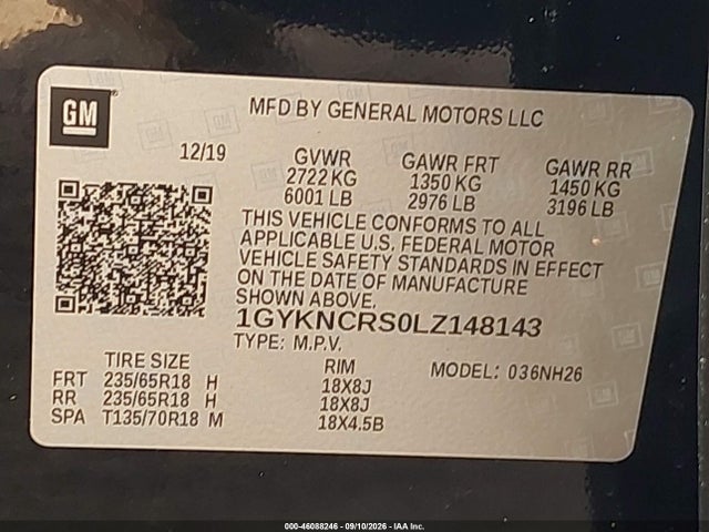 46088246 :رقم المزاد ، 1GYKNCRS0LZ148143 vin ، 2020 Cadillac Xt5 Fwd Premium Luxury مزاد بيع