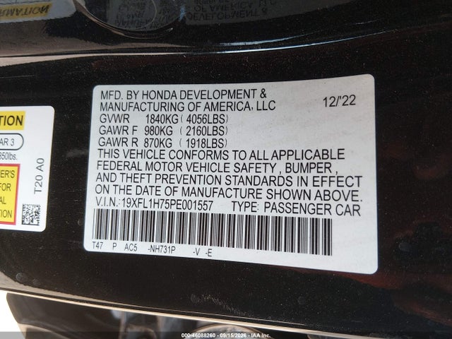 46088260 :رقم المزاد ، 19XFL1H75PE001557 vin ، 2023 Honda Civic Ex-l/ex-l W/o Bsi مزاد بيع